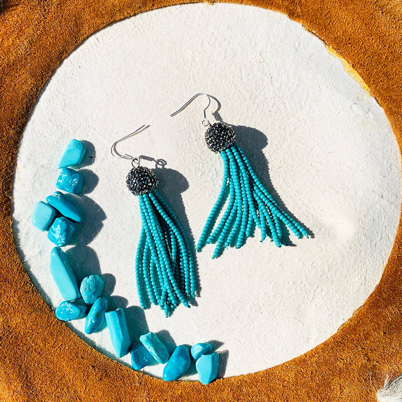 Hematite + Turquoise Seed Bead Tassel Earrings